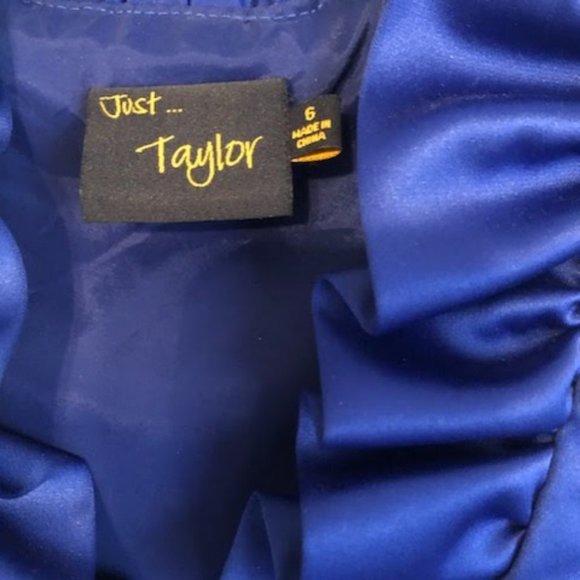 New JUST TAYLOR Royal Blue Satin Formal Dress Sleeveless Ruffle Pleat Collar 6 - Picture 7 of 8